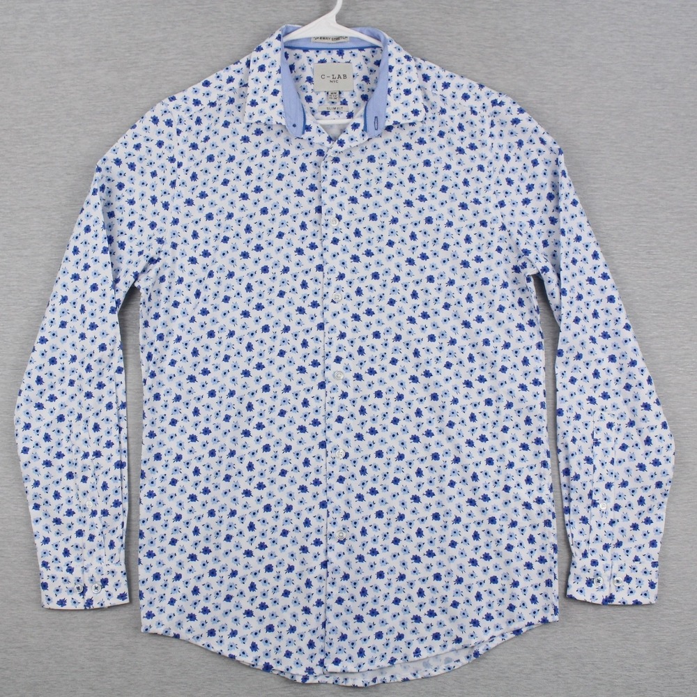 C-Lab 4 Way Stretch Shirt Mens Size M 15.5 33-34 Slim Fit Long Sleeve Button Up